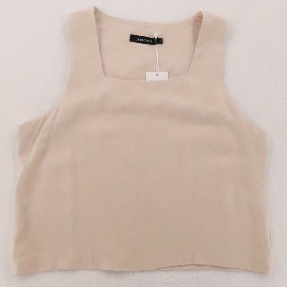Square Neck Linen Blend Tank Top Womens Size L Beige Euro Summer Cool Girl NWT